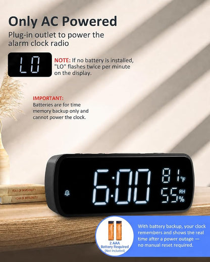 Digital Alarm Clock with FM Radio for Bedroom – 7" LCD, Dual Alarms