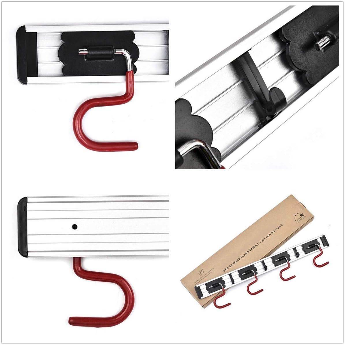 Skiennix Wall Mounted Mop and Broom Holder - Stainless Steel S-Type Organizer | 17 Inches, 4 Positions, 3 Hooks, Red & Black