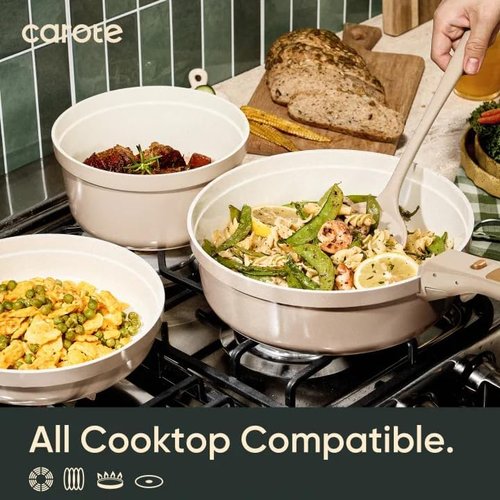 CAROTE 18-Piece Ceramic Cookware Set - Titanium Nonstick, Detachable Handles, Dishwasher Safe, Induction Compatible