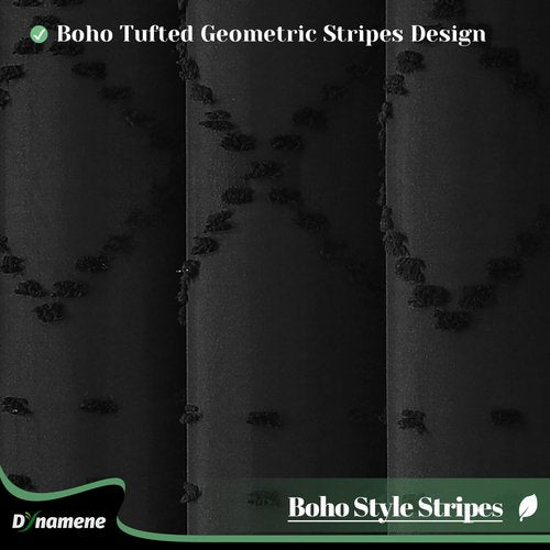 Dynamene Boho Farmhouse Shower Curtain, Black Fabric Chenille Tufted Geometric Striped Textured Cloth Tassel Shower Curtains for Bathroom, Minimalist Shabby Chic Shower Curtain Set 12 Hooks, 72x72