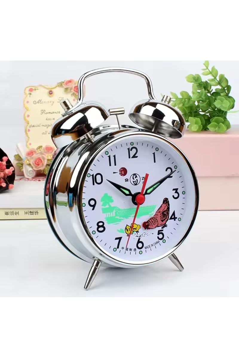 Nostalgic Mechanical Wind-Up Rooster Desk Clock - Large Silver Metal Decor