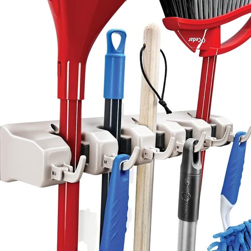 HOME IT Mop And Broom Holder - Wall-Mounted Garage Storage System with 5 Slots & 6 Hooks | Off-White