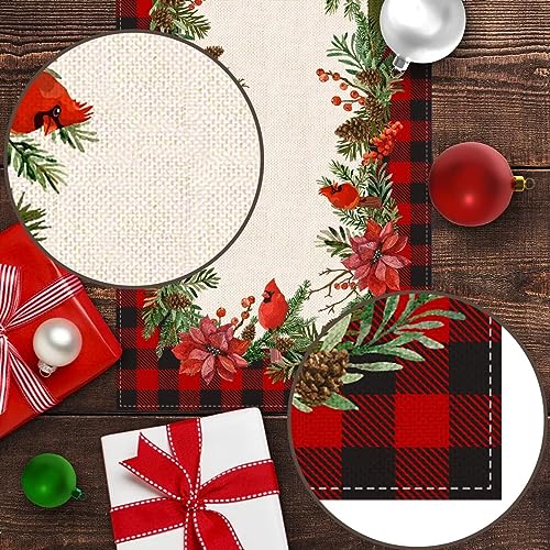 Holiday Christmas Table Runner 13x108 Inch Buffalo Plaid Poinsettia Holly
