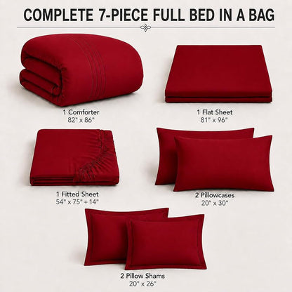 Full Size Comforter Set in Red - 7 Pieces Bed in a Bag (Variation: Red+Full)