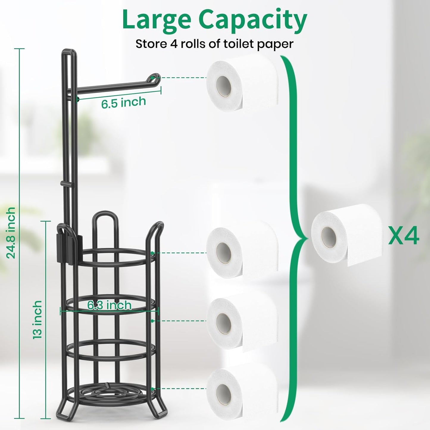 TomCare Toilet Paper Holder - Free-Standing Metal Dispenser for 3 Spare Rolls | Black Bathroom Organizer