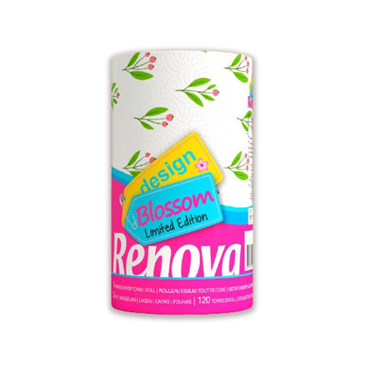 Renova Kitchen Paper Towels, Blossom Design, XXL Roll, 120 Sheets, White