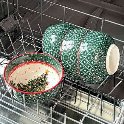 Green Ceramic Bowls Set of 6 - 26 Oz Soup, Salad & Noodle Bowls for Christmas