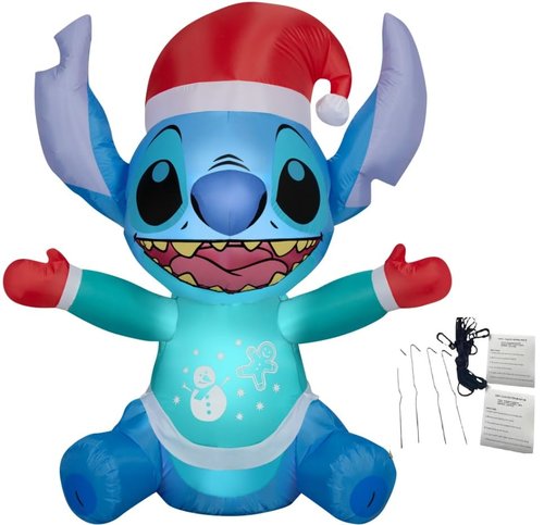 Christmas Inflatable Stitch Santa Hat Holiday Sweater 4.5 Foot Stitch Air-Blown Inflatable Blow Up - Comes with Tether Stakes, Rope, Power Supply and a Bonus Repair Patch