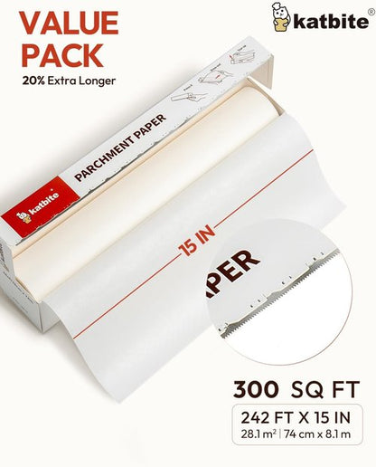 Katbite Parchment Paper Roll - 15in x 242ft Heavy Duty Baking Paper with Serrated Cutter | 300 Sq.Ft Value Pack