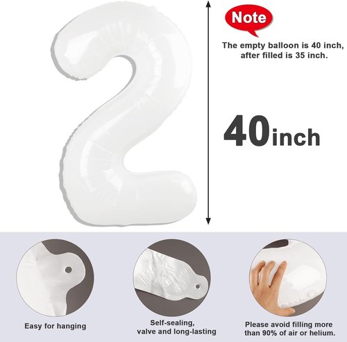 40 Inch White Number Balloons by [Brand Name] - Perfect for 2nd, 12th, 21st Birthday Celebrations & Events