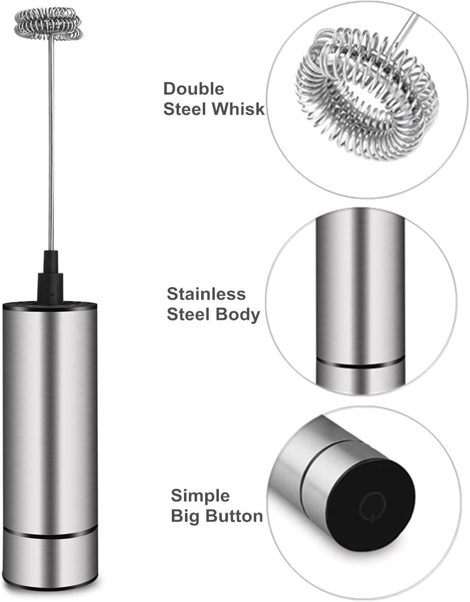 Skiennix Milk Frother - Handheld Battery Operated Coffee Foamer for Lattes & Cappuccinos | Stainless Steel Silver