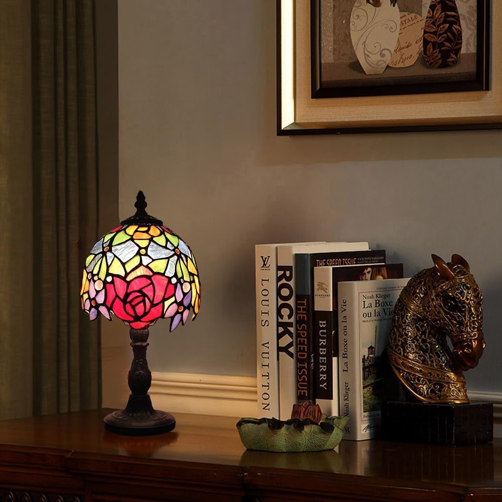 Vesbiela Stained Glass Lamp 8'', Red Flower Tiffany Table Lamp for Bedroom Study Office Home Tiffany Style Table Lamp