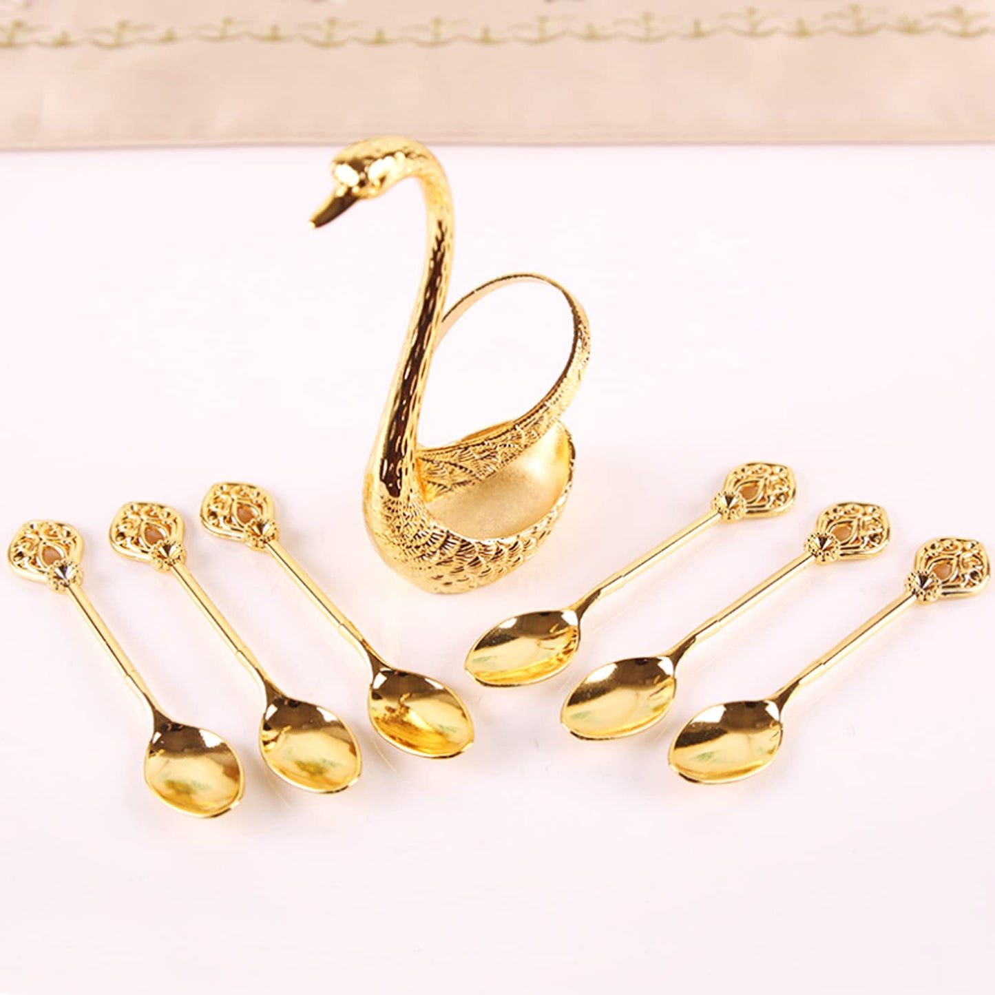 Coffee Spoon Set with Swan Base Holder, Metal Swan Base Holder Spoon Organizer with 6 Spoons, Small Delicate Spoons for Coffee Fruit Dessert Ice Cream Cake (Gold)