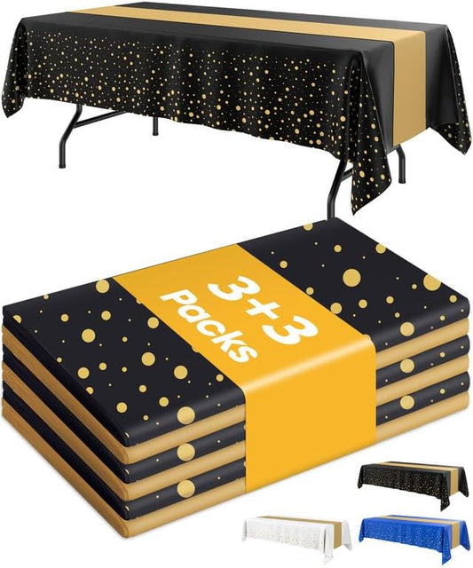 Niuara Table Cloth Set - Black and Gold Disposable Rectangle Table Cover & Runner | 3+3 Pack for Events