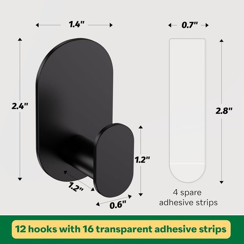 Aikzik Towel Hooks - 12 Pcs Black Adhesive Wall Hooks with 16 Removable Strips for Bathroom & Kitchen