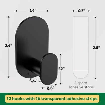 Aikzik Towel Hooks - 12 Pcs Black Adhesive Wall Hooks with 16 Removable Strips for Bathroom & Kitchen