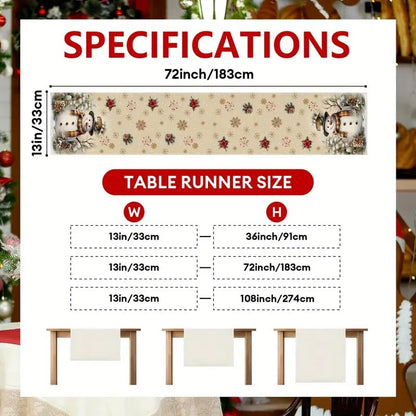 Multi Color Xmas Snowman Pine Cone Snowflake Table Runner 13x90 Inch Holiday Decor