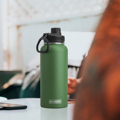 Koodee Insulated Water Bottle - 32 oz Stainless Steel Double Wall Vacuum Sport Bottle | Leakproof Spout Lid - Grass Green
