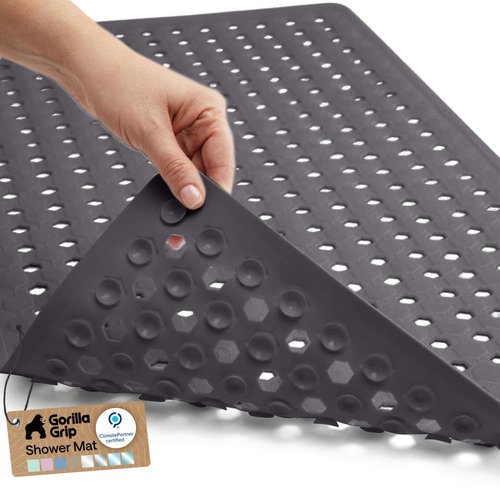 GORILLA GRIP Patented Bath Tub Shower Mat, Machine Washable Bathtub Floor Liner Mats, Suction Cups and Drain Holes to Keep Tubs Clean, Soft on Feet, Bathroom Essentials, 35x16 Inch, Charcoal Opaque