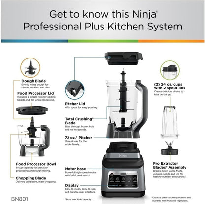 Ninja BN801 Professional Plus Kitchen System - 1400W Auto IQ Technology | Gray (Renewed)