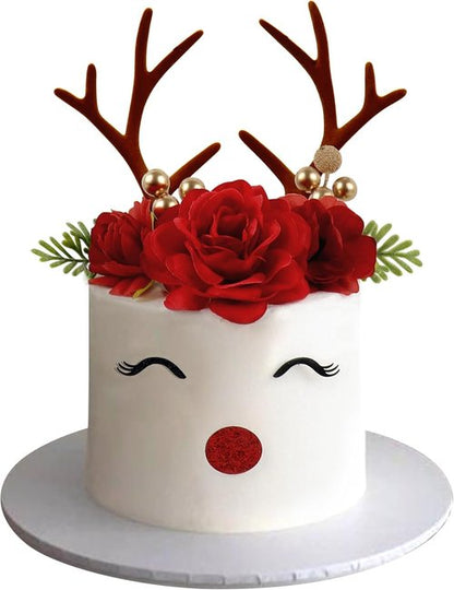 Ercadio Christmas Cupcake Toppers - 10 PCS Deer Antlers & Green Leaves for Holiday Parties