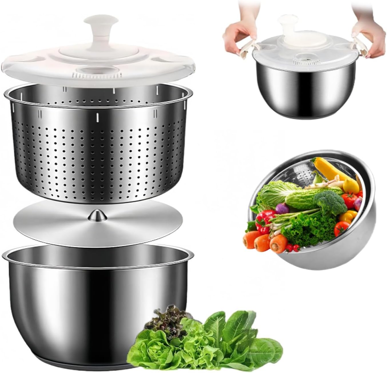 Skiennix 6L Stainless Steel Salad Spinner - Non-Slip Base & Multi-Use Vegetable Strainer