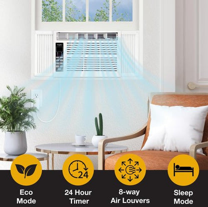 Whirlpool 8,000 BTU Window Air Conditioner with Dehumidifier, 115V, Window AC for Rooms up to 350 Sq. Ft., Living Room, Bedroom, or Apartment, with 3 Speeds, Remote Control, and 24H Timer, White
