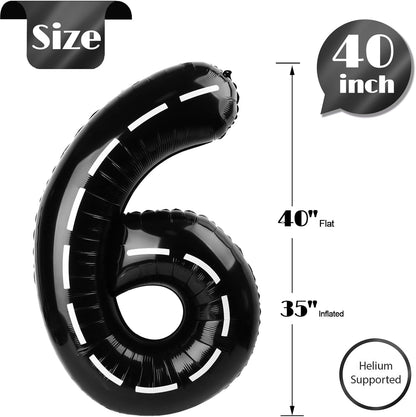 Race Car 6 Balloon - 40 Inch Black Number Balloon for 6th Birthday Decorations