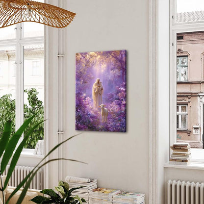 Shepherd with Lambs Purple Enchanted Forest Canvas Wall Art - 24x36 Inches
