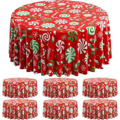6Pcs Christmas Candy Cane Tablecloth Set - Red Green 84 Inch Round Holiday Decor