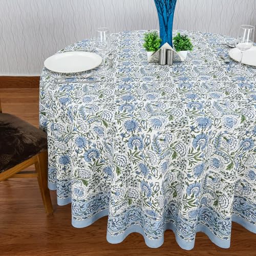 Smalt Blue 72-Inch Round Hand Block Printed Cotton Tablecloth - Floral Home Decor