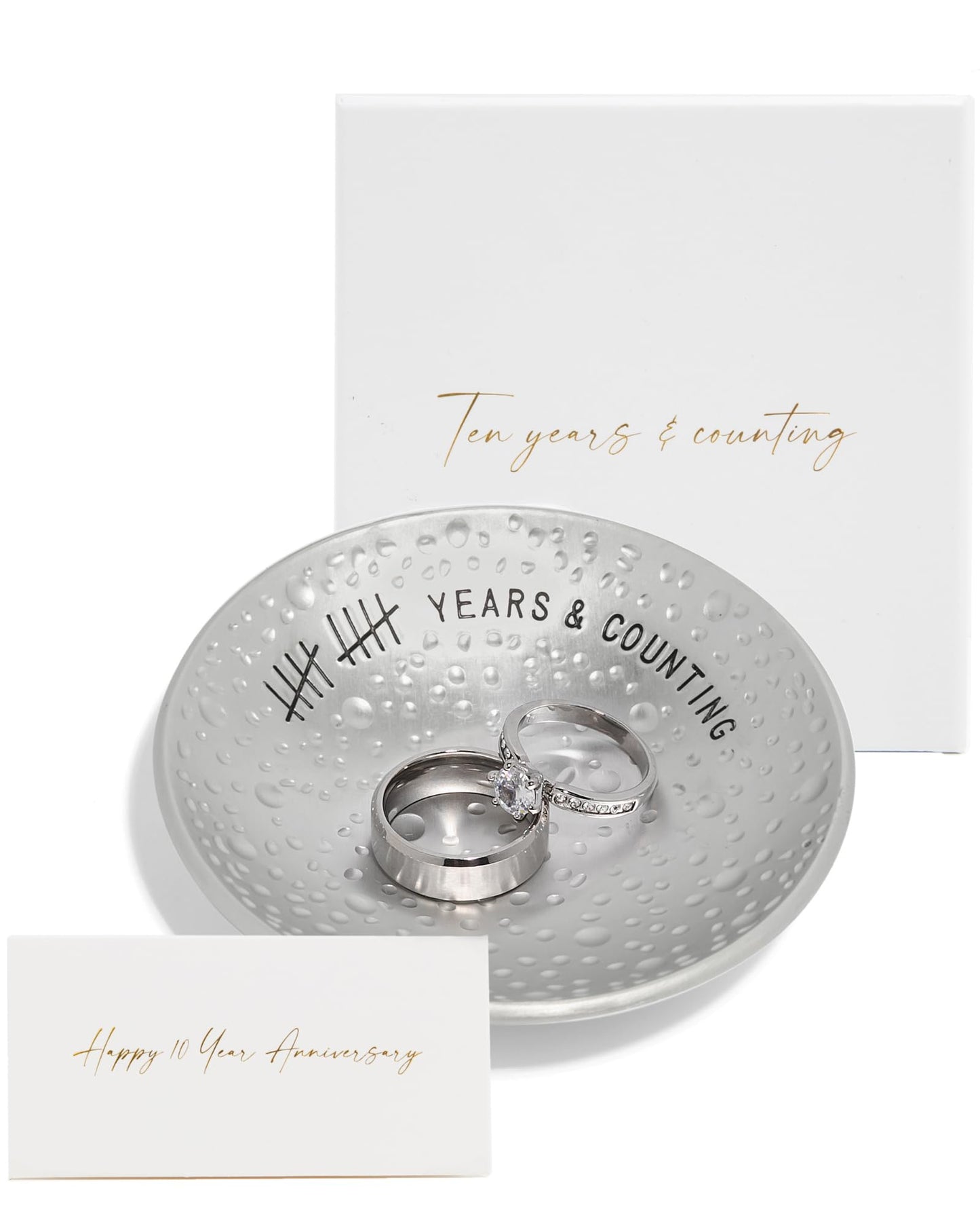 PureRejuva 10th Anniversary Tin Gifts - 4 In. Engraved Aluminum Wedding Ring Holder Dish & Gift Box - 10 Year Anniversary for Him & Her Textured Style