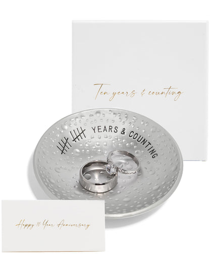 PureRejuva 10th Anniversary Tin Gifts - 4 In. Engraved Aluminum Wedding Ring Holder Dish & Gift Box - 10 Year Anniversary for Him & Her Textured Style