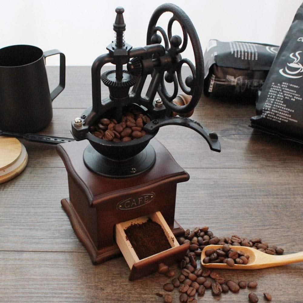 MOON-1 Manual Coffee Grinder Antique Cast Iron Hand Crank Coffee Mill With Grind Settings & Catch Drawer ，120 x 120 x 260mm..