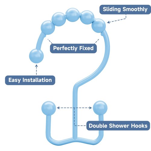 Titanker Shower Curtain Hooks, Rust Resistant Shower Curtain Rings for Bathroom, Metal Double Glide Shower Hooks Hangers for Bathroom Shower Rods Curtains, Set of 12 Hooks - Blue