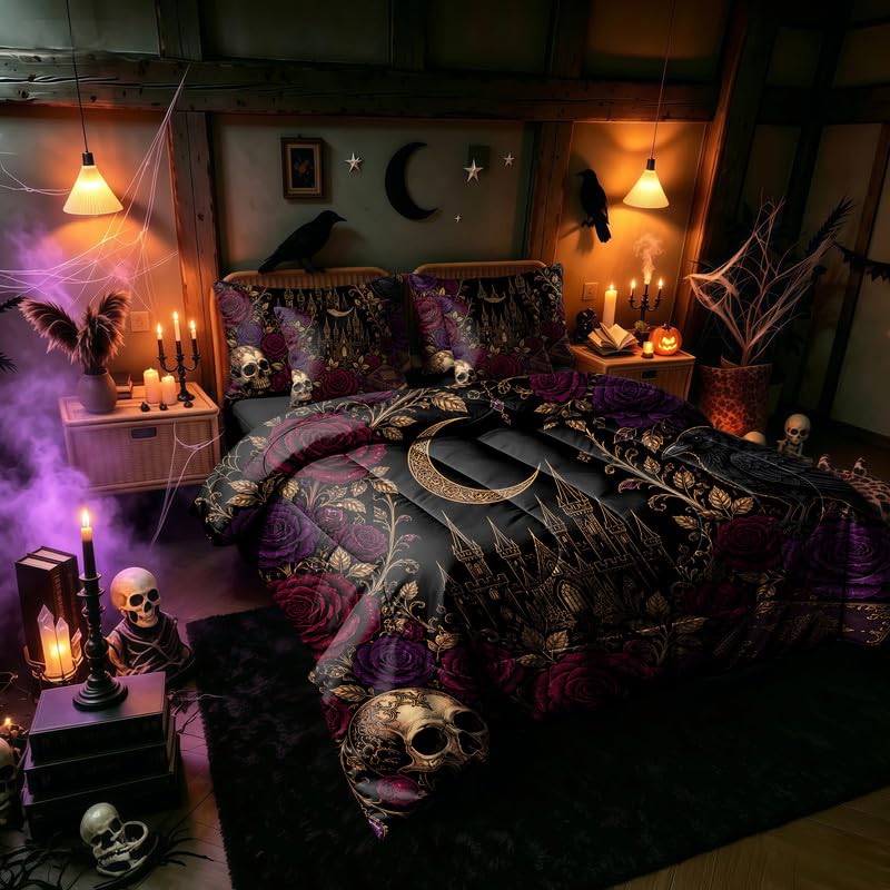 Gothic Comforter Set Queen 7 Piece Halloween Skull Bedding with Red Roses - Skull 03 Variation
