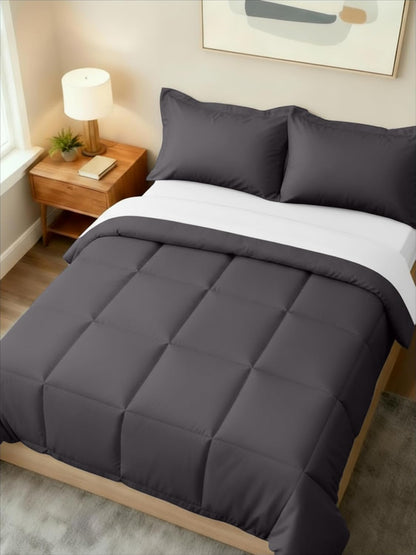Queen Comforter Set - 3-Piece Soft Quilted Bed Set with Pillow Shams - Comfy & Breathable Dark Grey