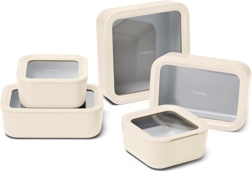Caraway 13pc Glass Food Storage Container Set - Non-Toxic, Easy to Store Lunch Boxes - Cream with Glass Lids