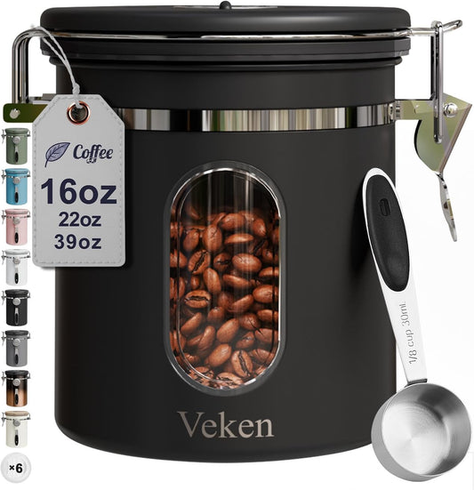 Veken Coffee Canister - Airtight Stainless Steel Storage Container with Window & Date Tracker | 16oz, Black