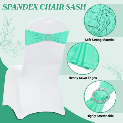 MDS-MEGADECORSUPPLY Chair Sashes - 100pcs Sea Green Spandex Stretch Covers with Buckle Slider | Washable, Fits 35-50CM Chair Backs