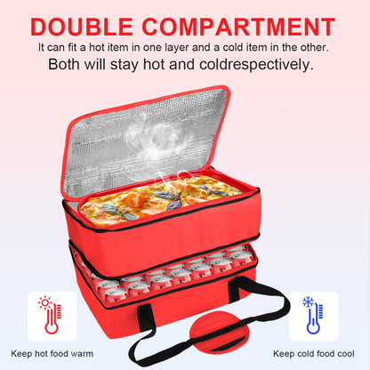 Bodaon 1Pk Insulated Casserole Carrier for Hot or Cold Food, Fits 9"x13" and 11"x15" Baking Dish with Lid, Insulated Food Carriers for Transport, Travel Food Warmer Container Bags (Double Decker, Red)