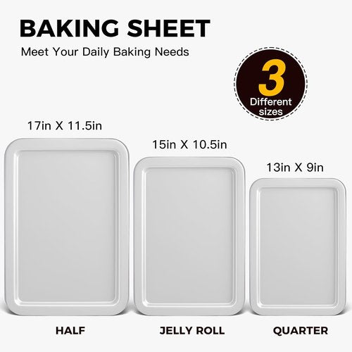 HONGBAKE Nonstick Baking Sheet Set - 3 Pack Cookie Sheets with Wider Grips | Noble Silver Finish