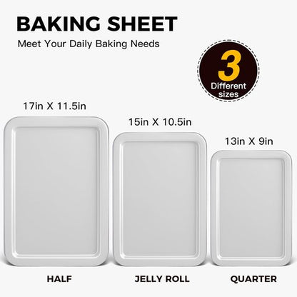 HONGBAKE Nonstick Baking Sheet Set - 3 Pack Cookie Sheets with Wider Grips | Noble Silver Finish