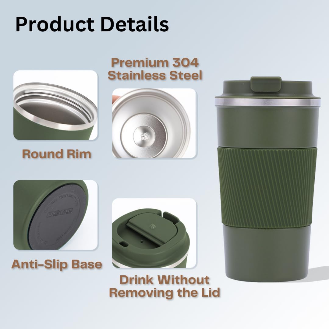 Skiennix Insulated Stainless Steel Coffee Tumbler - Reusable Hot & Iced Coffee Mug, 17 oz, Olive