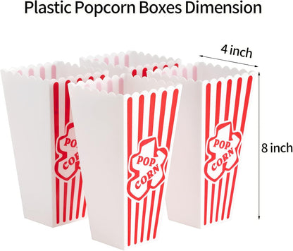 Retro Style Plastic Popcorn Containers - Red & White Striped Reusable Boxes for Movie Night | 4 Pack (4”x8”)