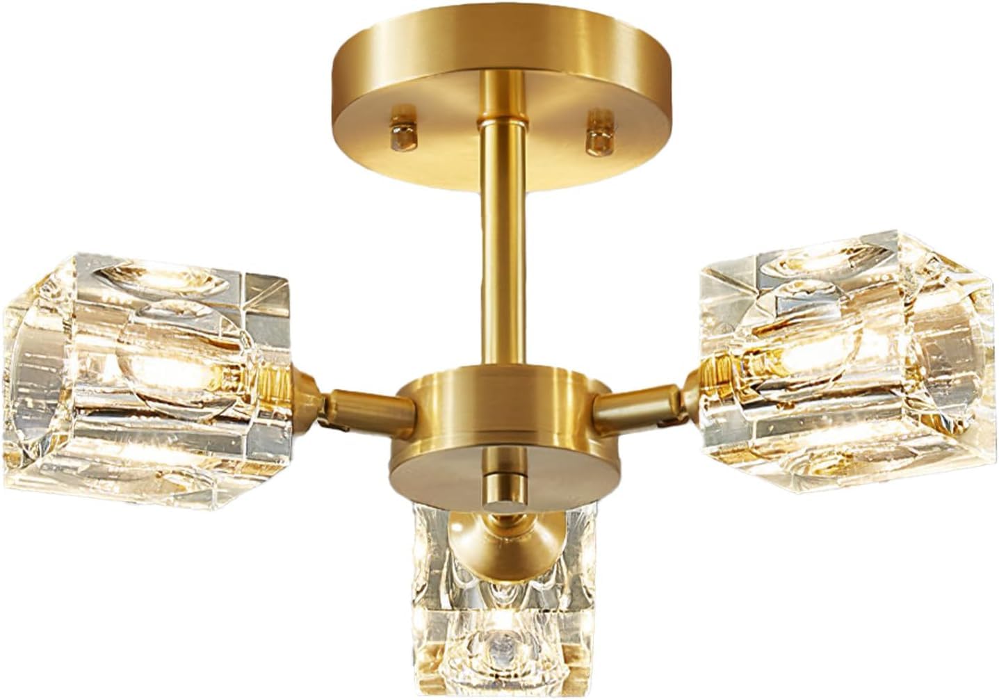 Yunnix Semi Flush Mount Ceiling Light 3 Lights Crystal Chandeliers Gold Ceiling Light Modern Ceiling Light for Bedroom Kitchen Hallway Bathroom Entryway Dining Room Living Room