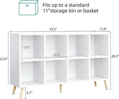 Flrrtenv 8-Cube Bookshelf - Modern 2-Tier Bookcase with Legs | 47" Freestanding Wood Storage in White