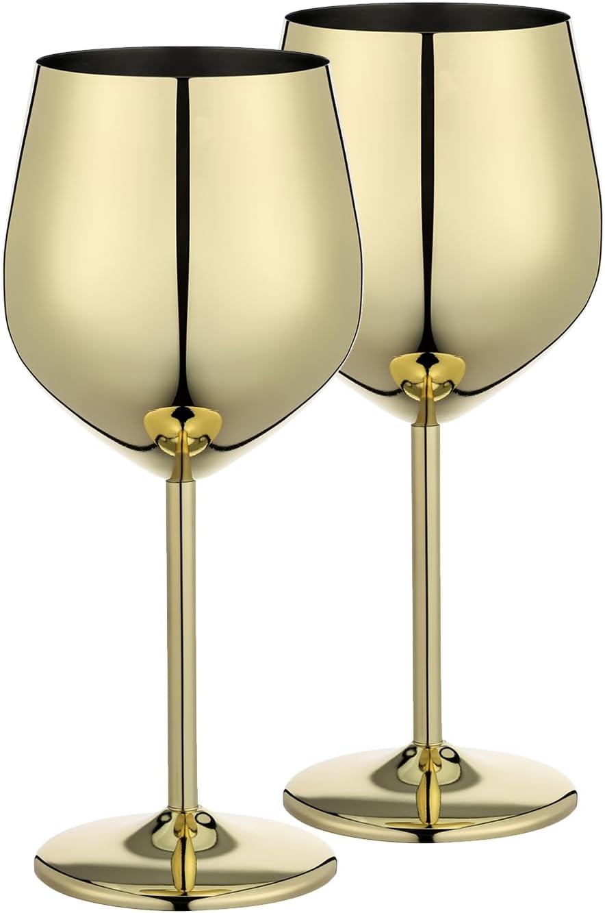 WOTOR Stainless Steel Wine Glasses (2-Pack), 18 oz, Unbreakable, Gold, Ideal for Outdoor, Travel, Camping, Pool, Gift for Wine Lovers