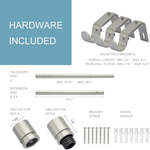 Byondeth Adjustable Curtain Rods - 16 to 144 Inches, 1 Inch Diameter, Brushed Nickel Finish