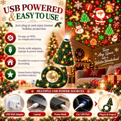 Christmas Projector Light - USB Powered Ceiling Projection with 6 Patterns - Red Variation